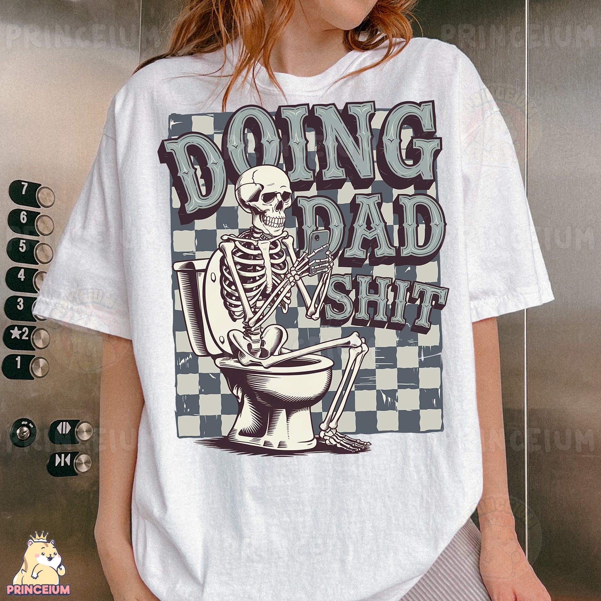 a woman wearing a white shirt with a skeleton on the toilet