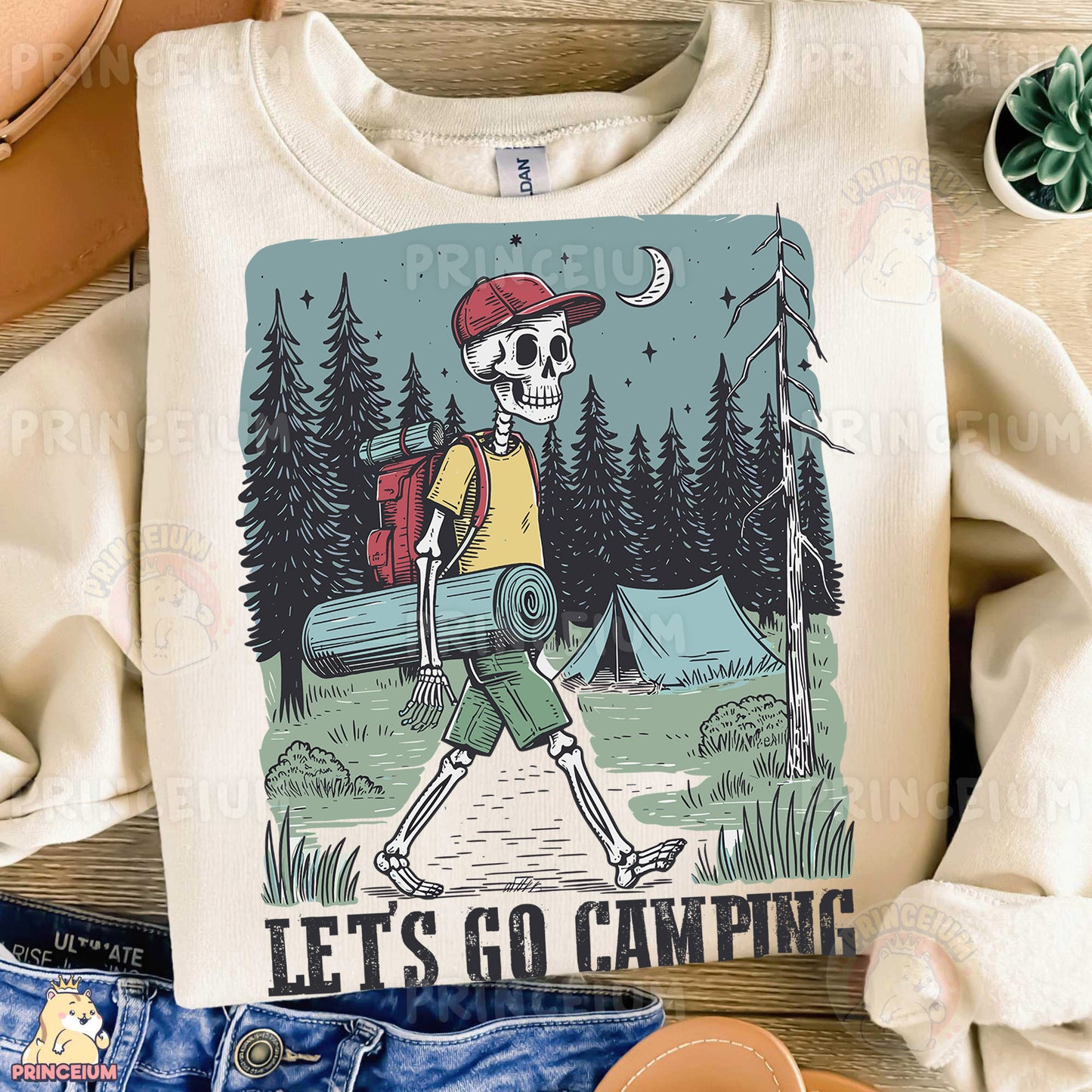 a t - shirt that says lets go camping with a skeleton carrying a log