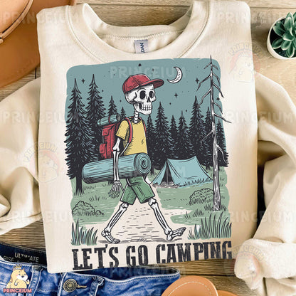 a t - shirt that says lets go camping with a skeleton carrying a log