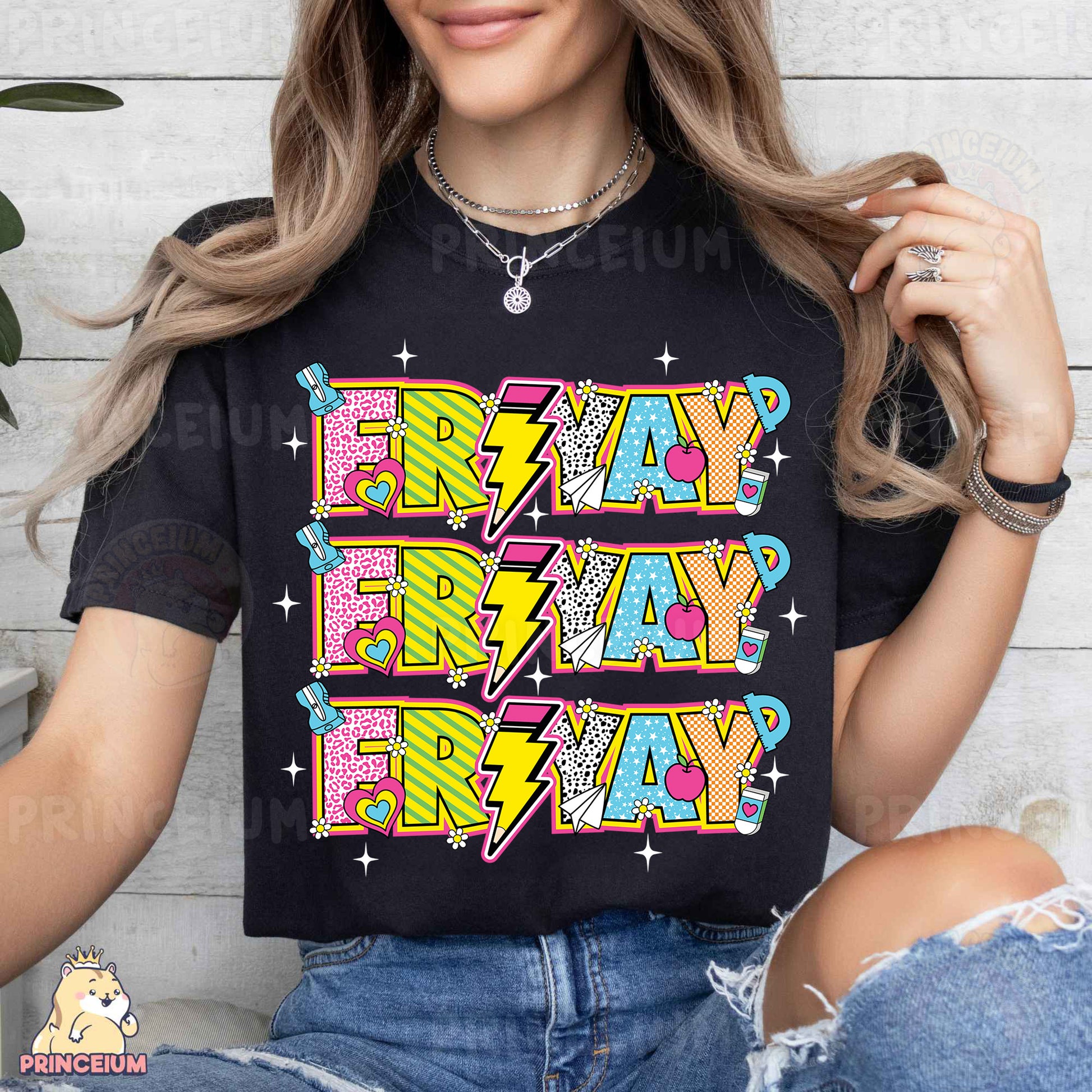 a woman wearing a black t - shirt with the words friday friday friday friday friday