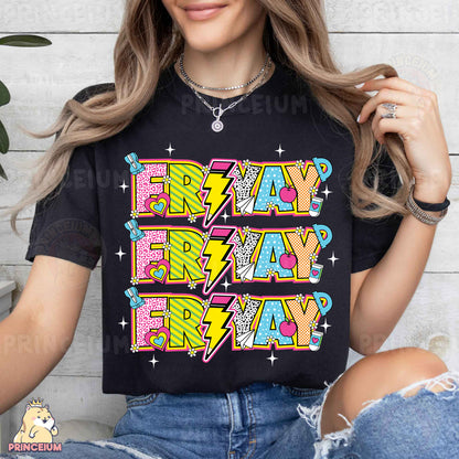 a woman wearing a black t - shirt with the words friday friday friday friday friday