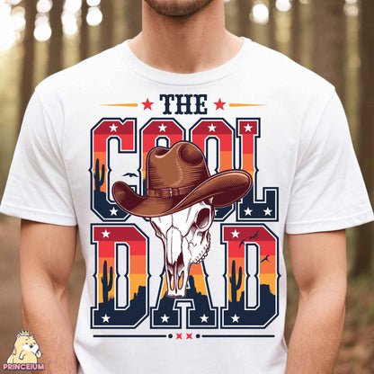 a man wearing a cowboy hat with the words the cool dad on it