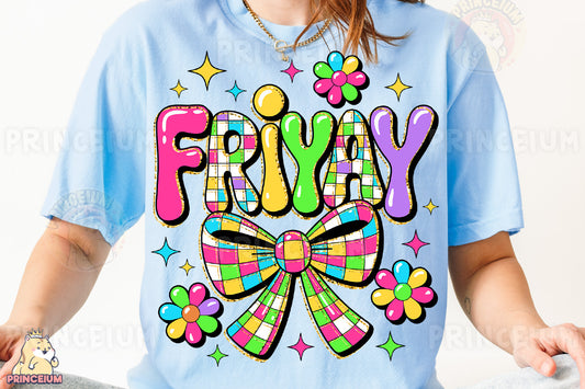 a woman wearing a t - shirt that says friyay
