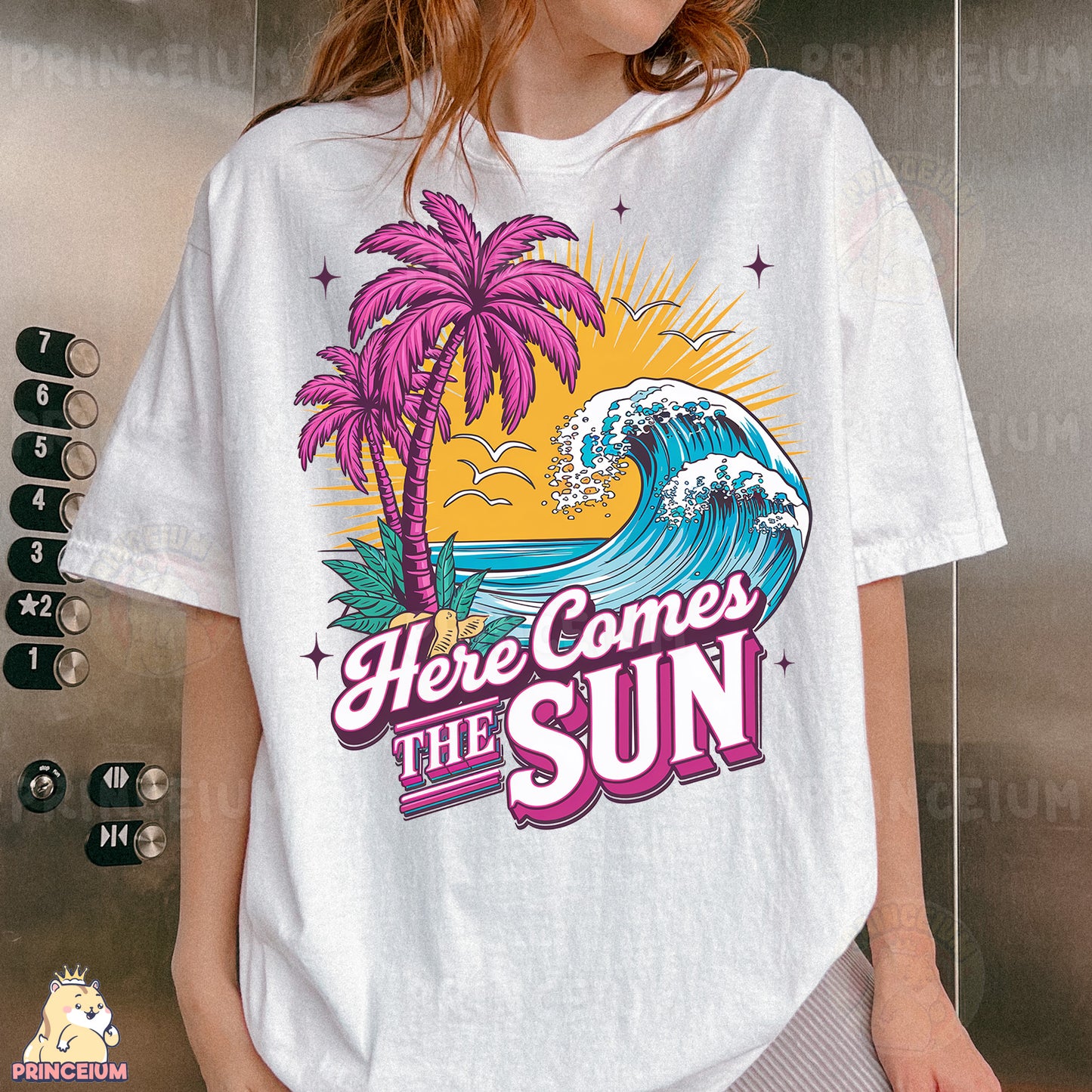 a woman wearing a t - shirt that says here comes the sun