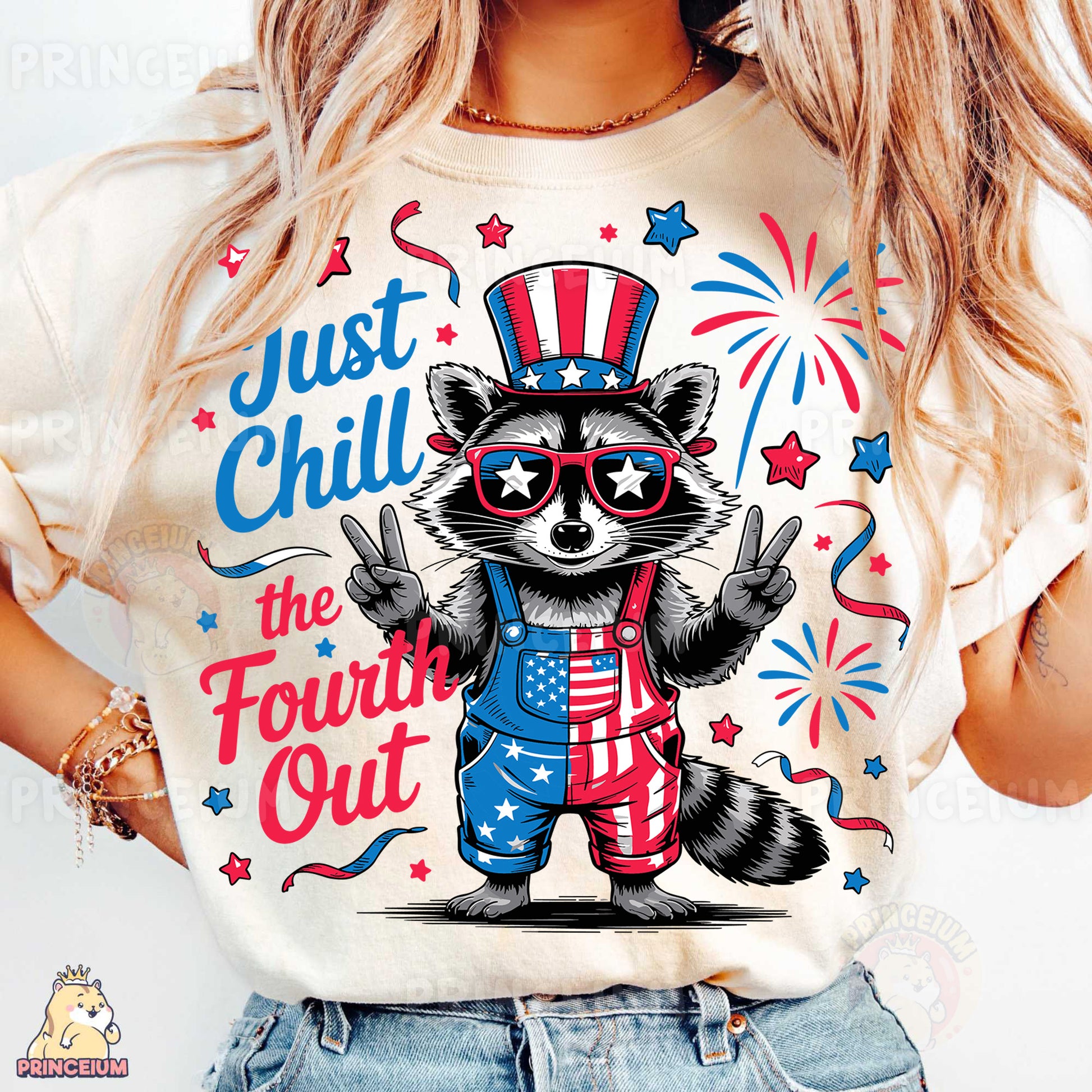 a woman wearing a t - shirt with a raccoon on it