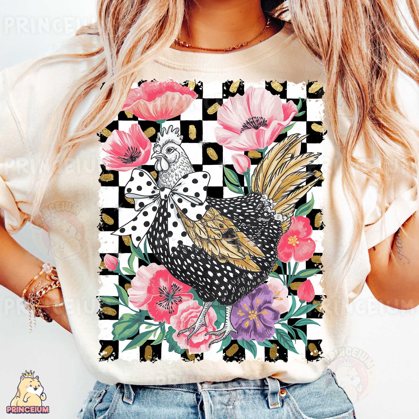 a woman wearing a t - shirt with a chicken on it