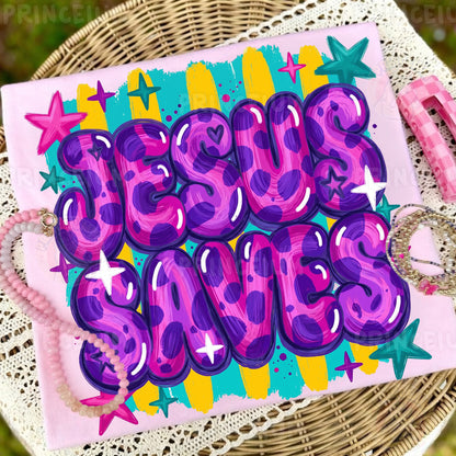 Jesus Saves Sublimation Design PNG | Colorful Leopard Print Christian Digital Download