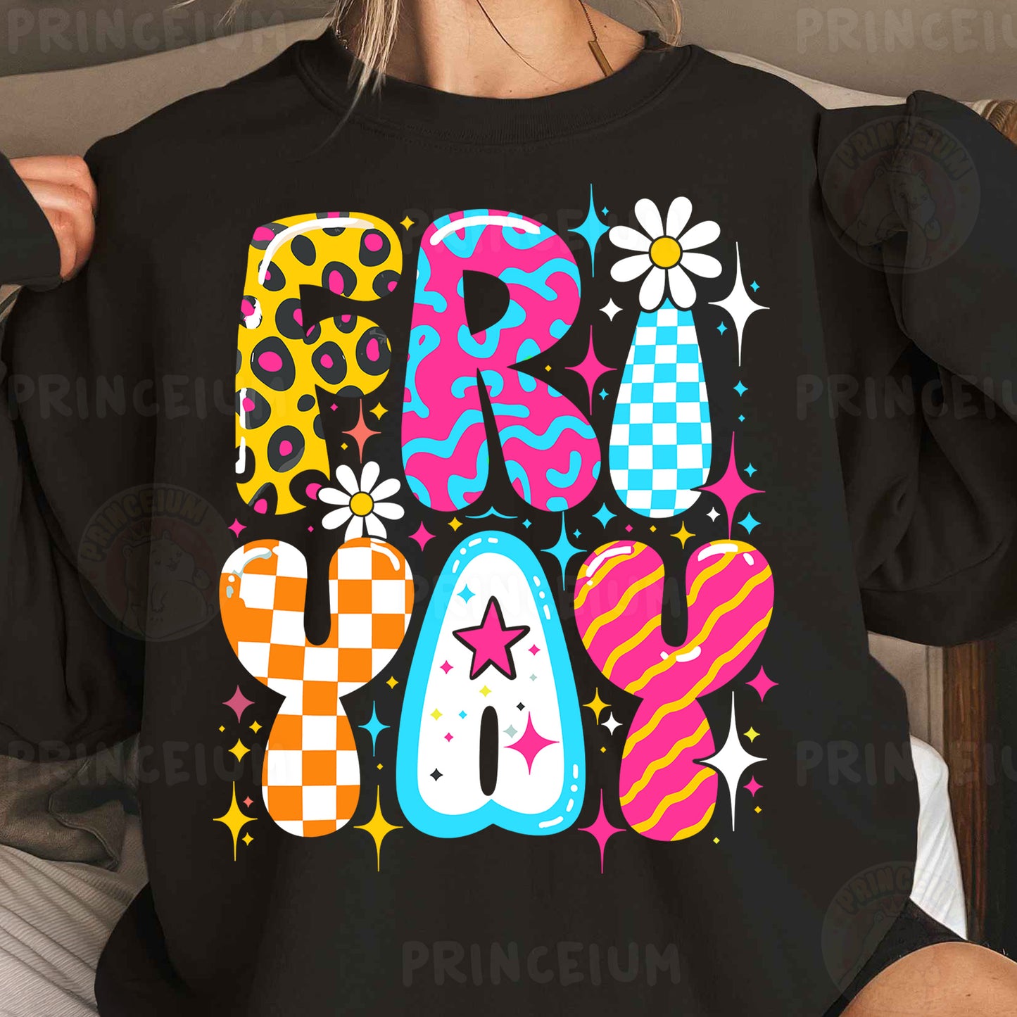 a woman wearing a black shirt with colorful letters