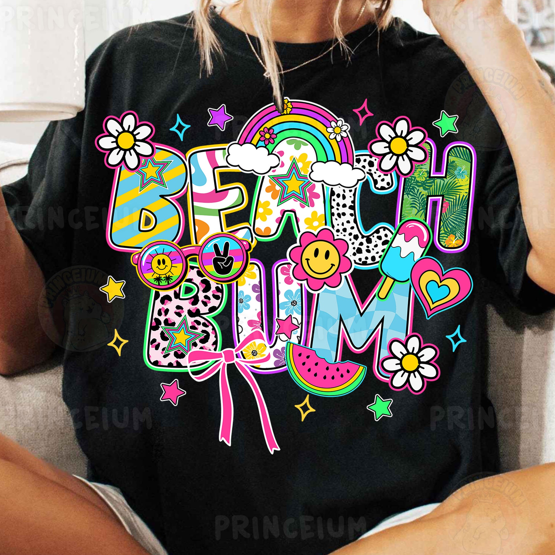 a woman sitting on a couch wearing a black shirt