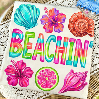 Beachin PNG, Tropical Summer Shirt Design, Cute Coastal Graphic, Retro Beach Sublimation