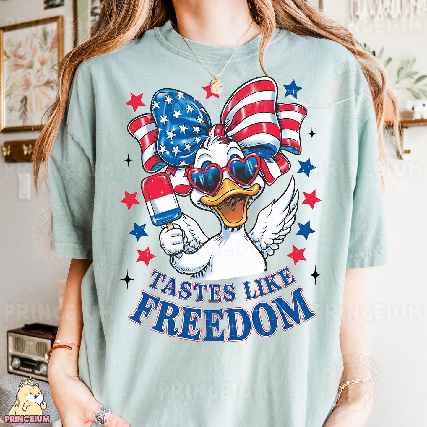 a woman wearing a t - shirt that says tastes like freedom