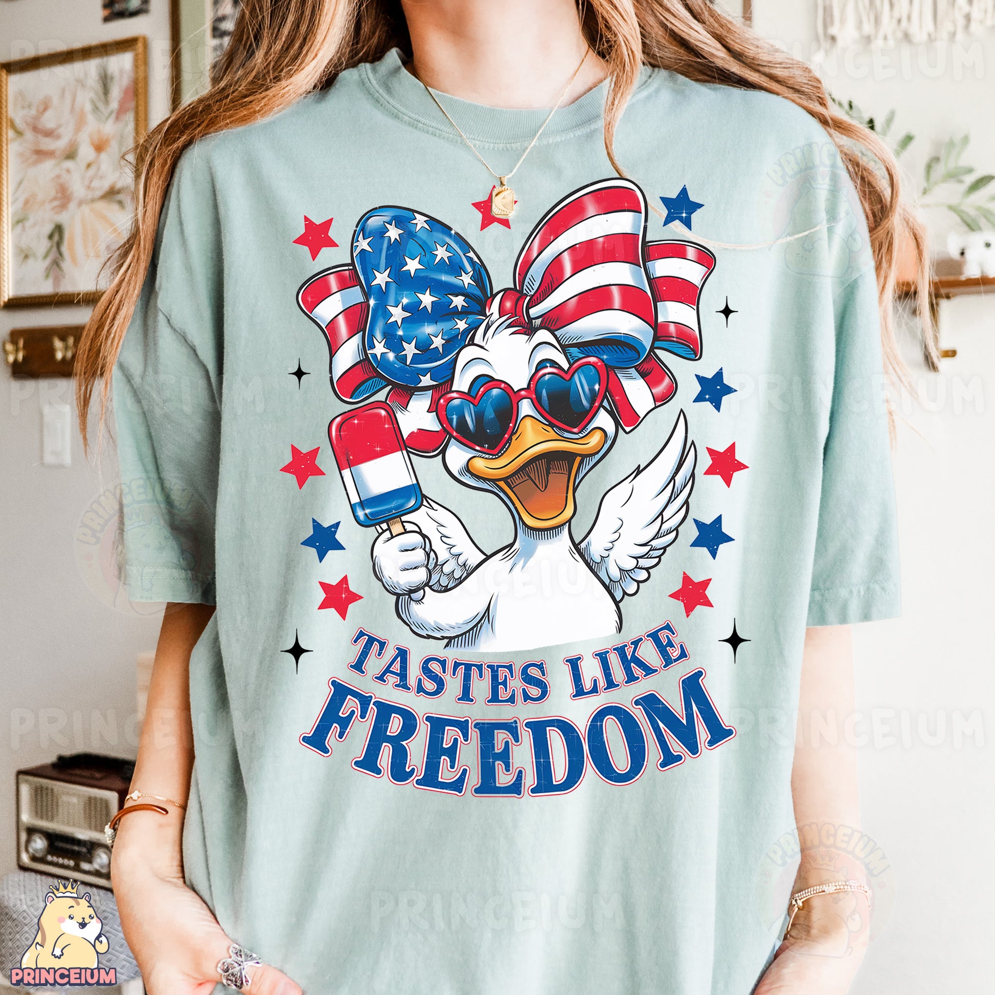 a woman wearing a t - shirt that says tastes like freedom