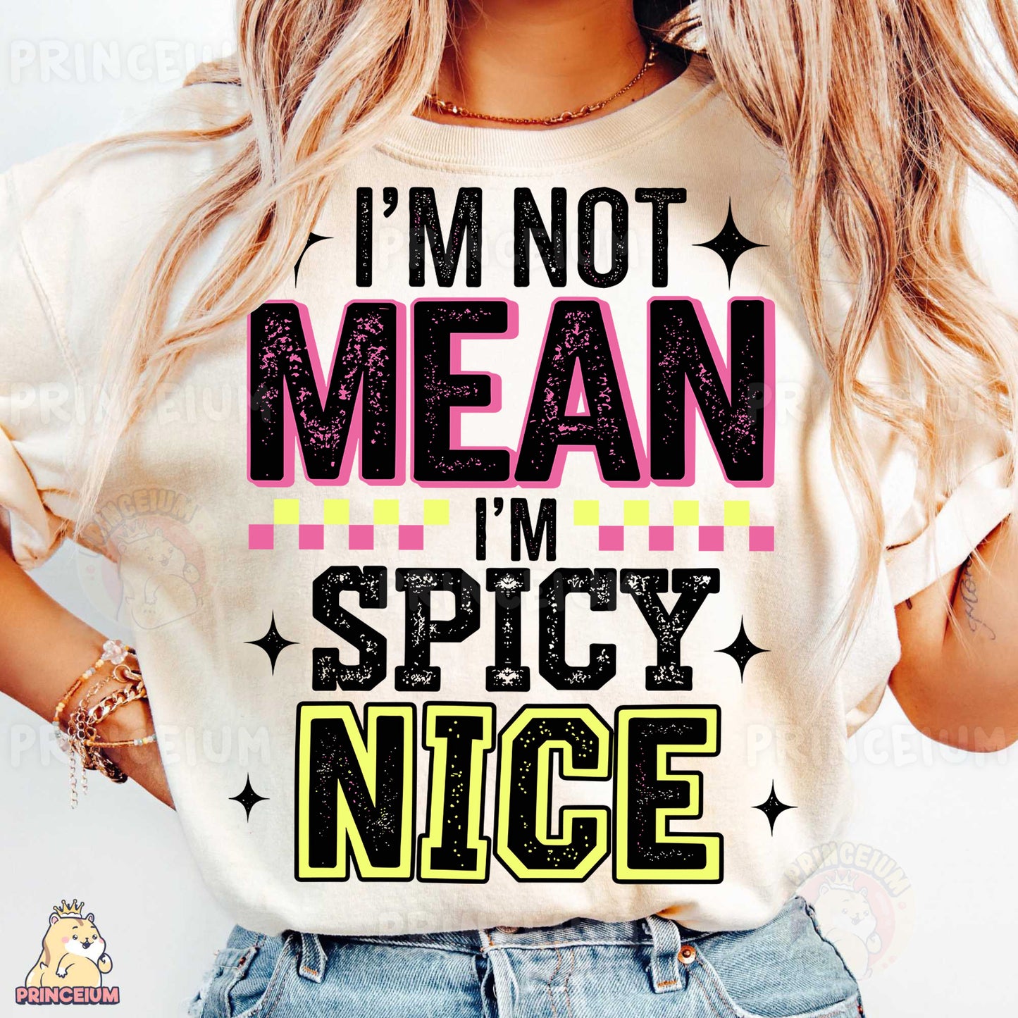 a woman wearing a t - shirt that says i'm not mean i '