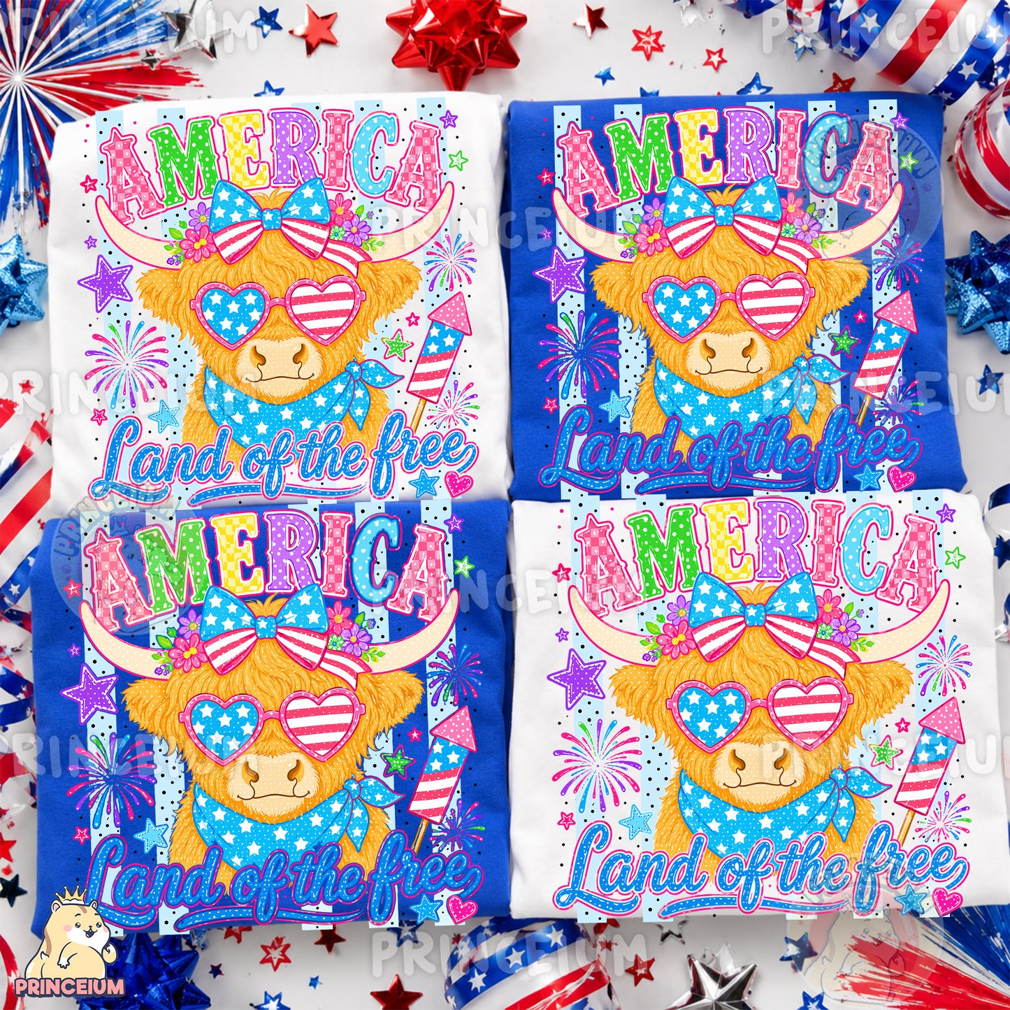 America Land of the Free PNG, Patriotic Highland Cow 4th of July Design, Americana Sublimation Graphic