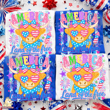 America Land of the Free PNG, Patriotic Highland Cow 4th of July Design, Americana Sublimation Graphic