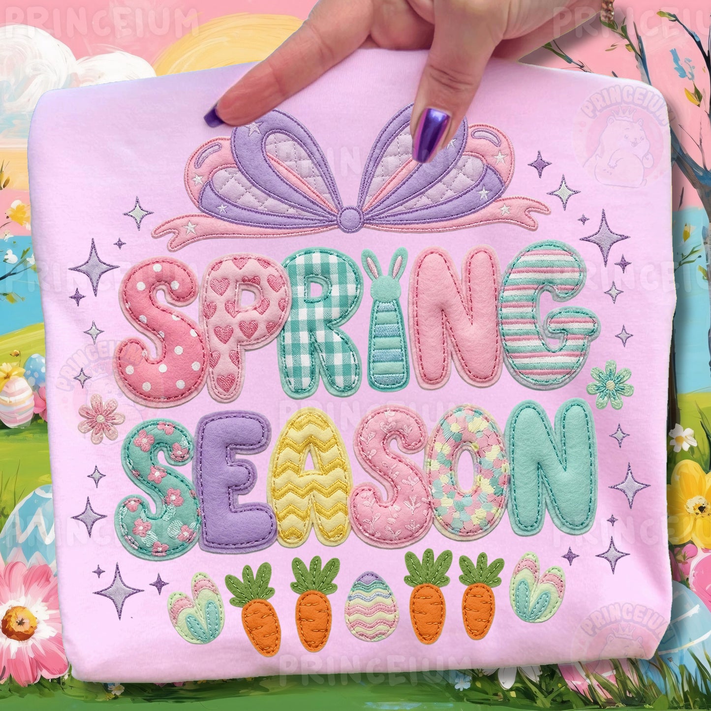 Spring Season PNG, Cute Patchwork Bow Bunny Lettering, Pastel Easter Clipart Design