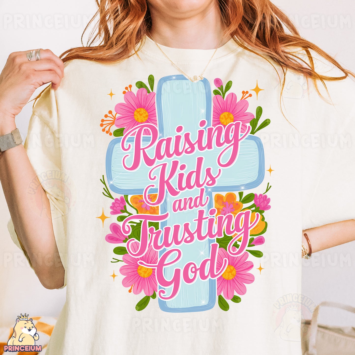 Raising Kids and Trusting God PNG | Christian Sublimation Design with Cross & Flowers