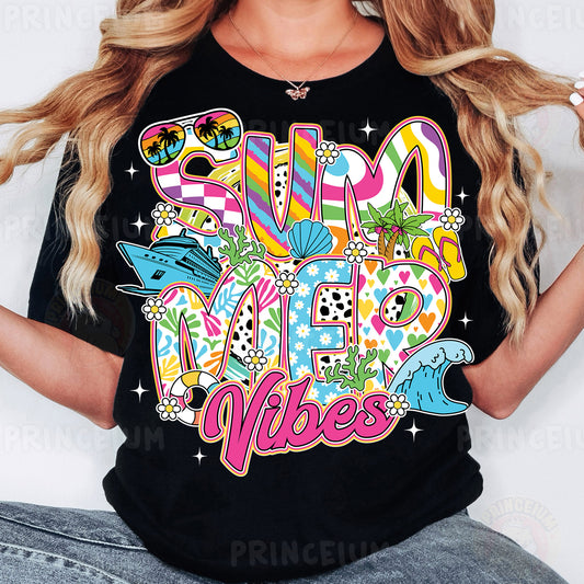 a woman wearing a black shirt that says summer vibes