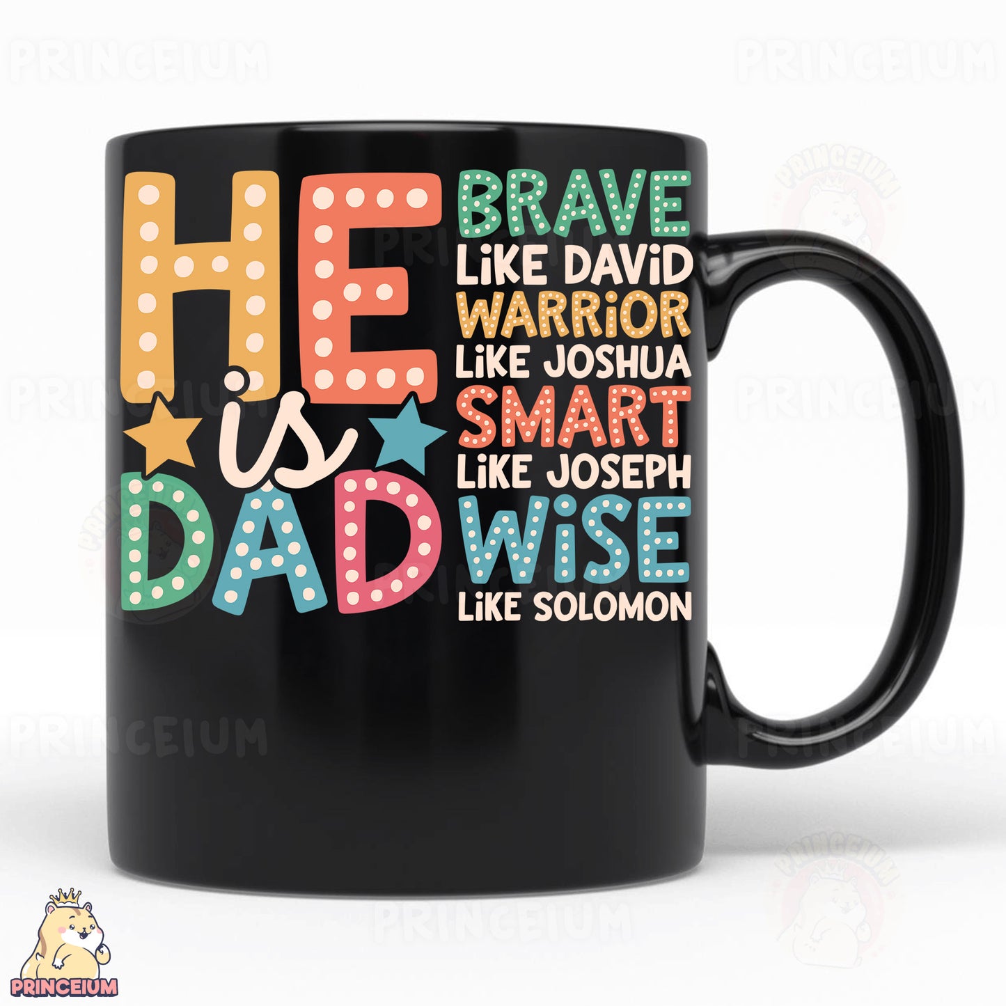 a black coffee mug with colorful lettering on it