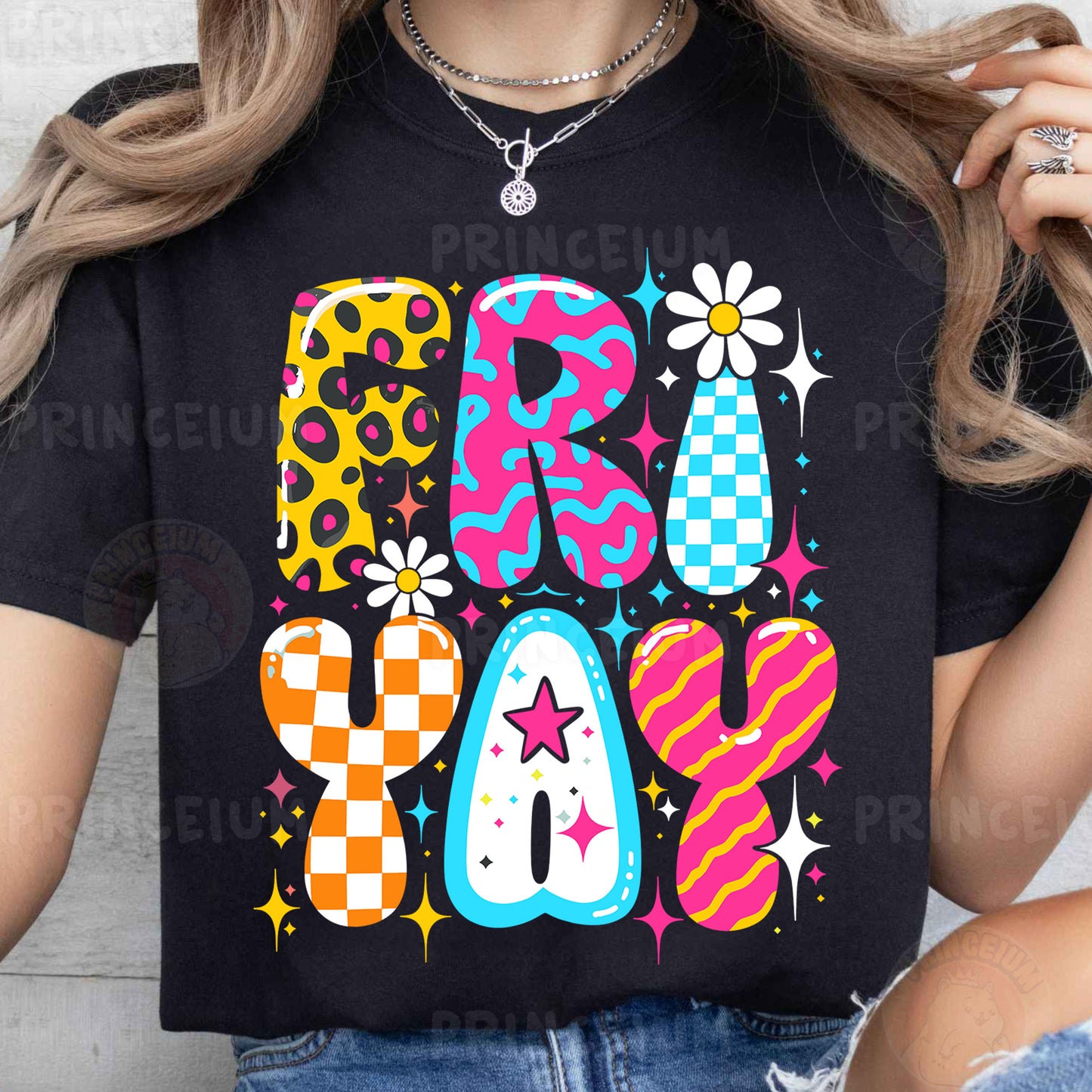 a woman wearing a black t - shirt with colorful letters