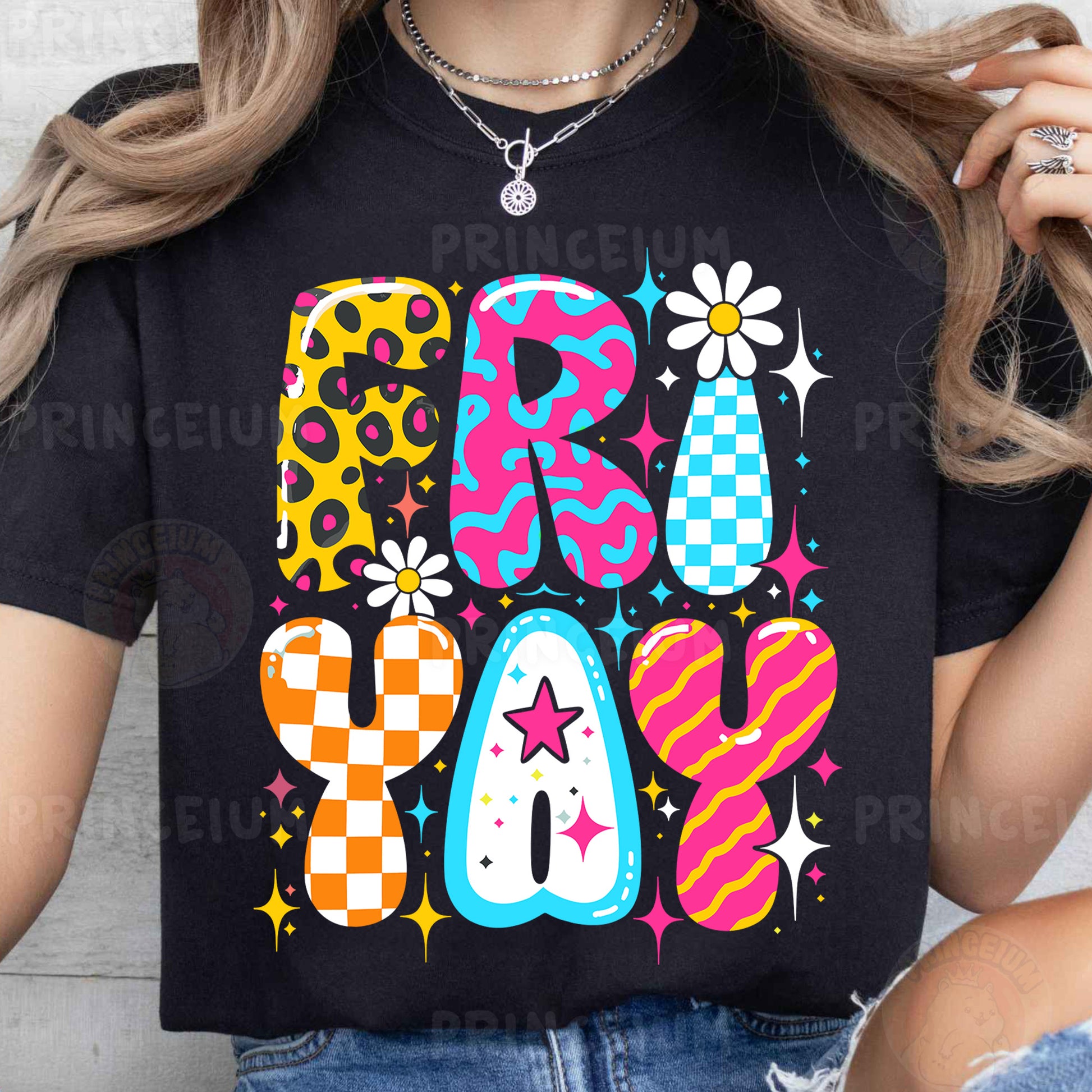 a woman wearing a black t - shirt with colorful letters