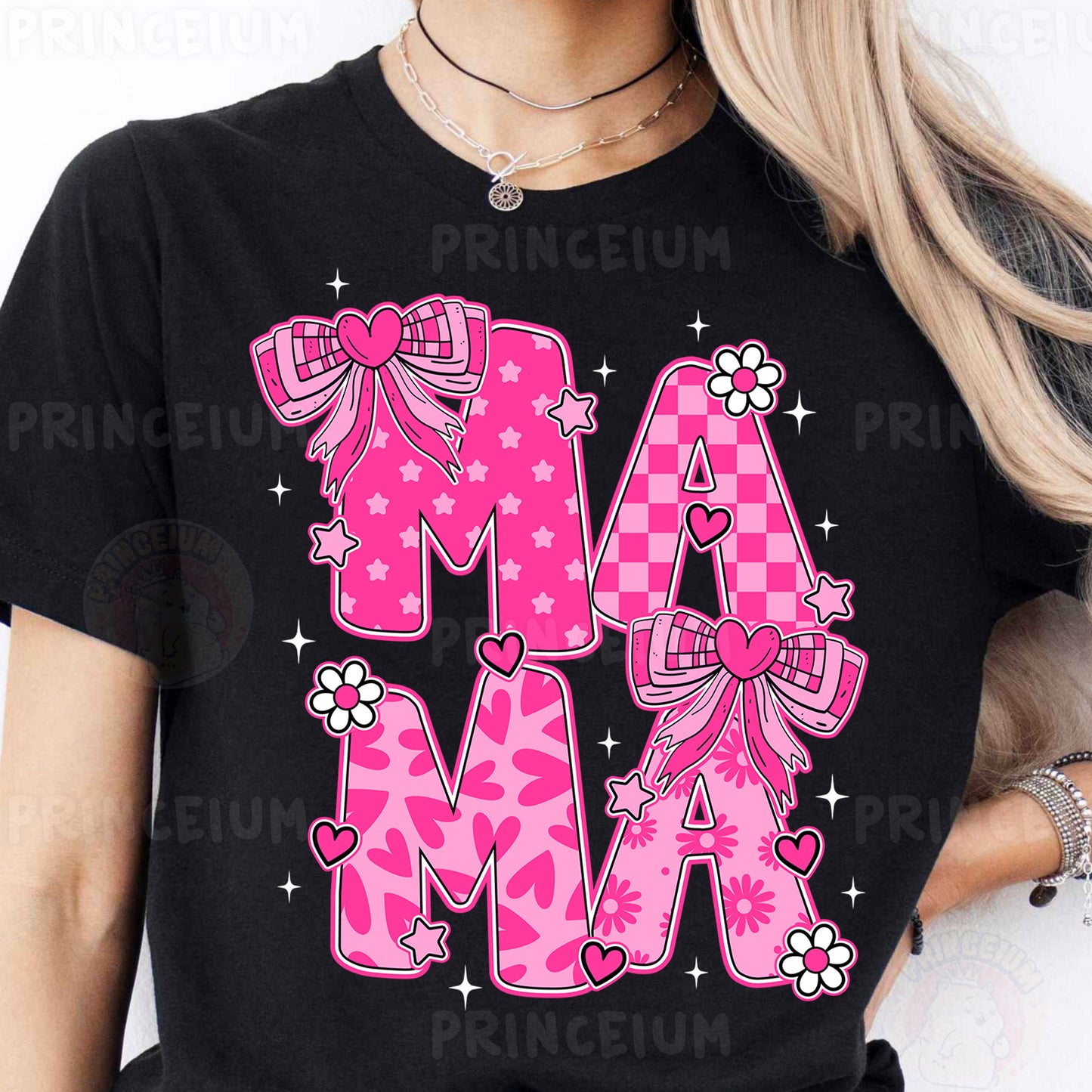 a woman wearing a black shirt with pink letters and bows