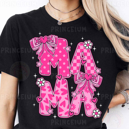 a woman wearing a black shirt with pink letters and bows