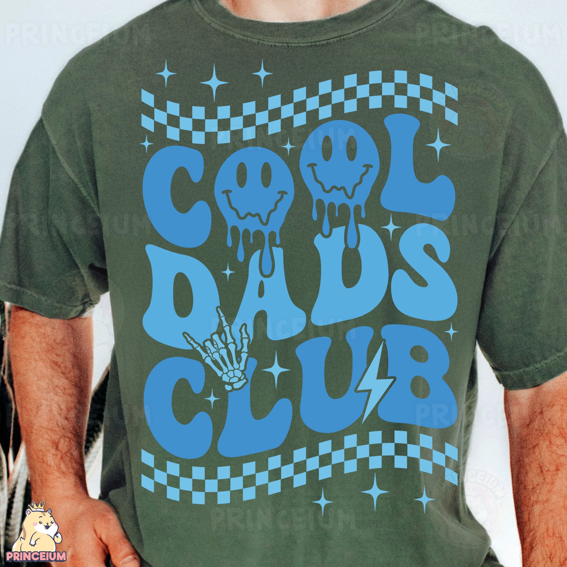 a man wearing a green shirt with blue lettering on it