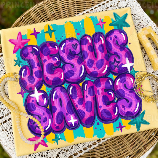 Jesus Saves Sublimation Design PNG | Colorful Leopard Print Christian Digital Download