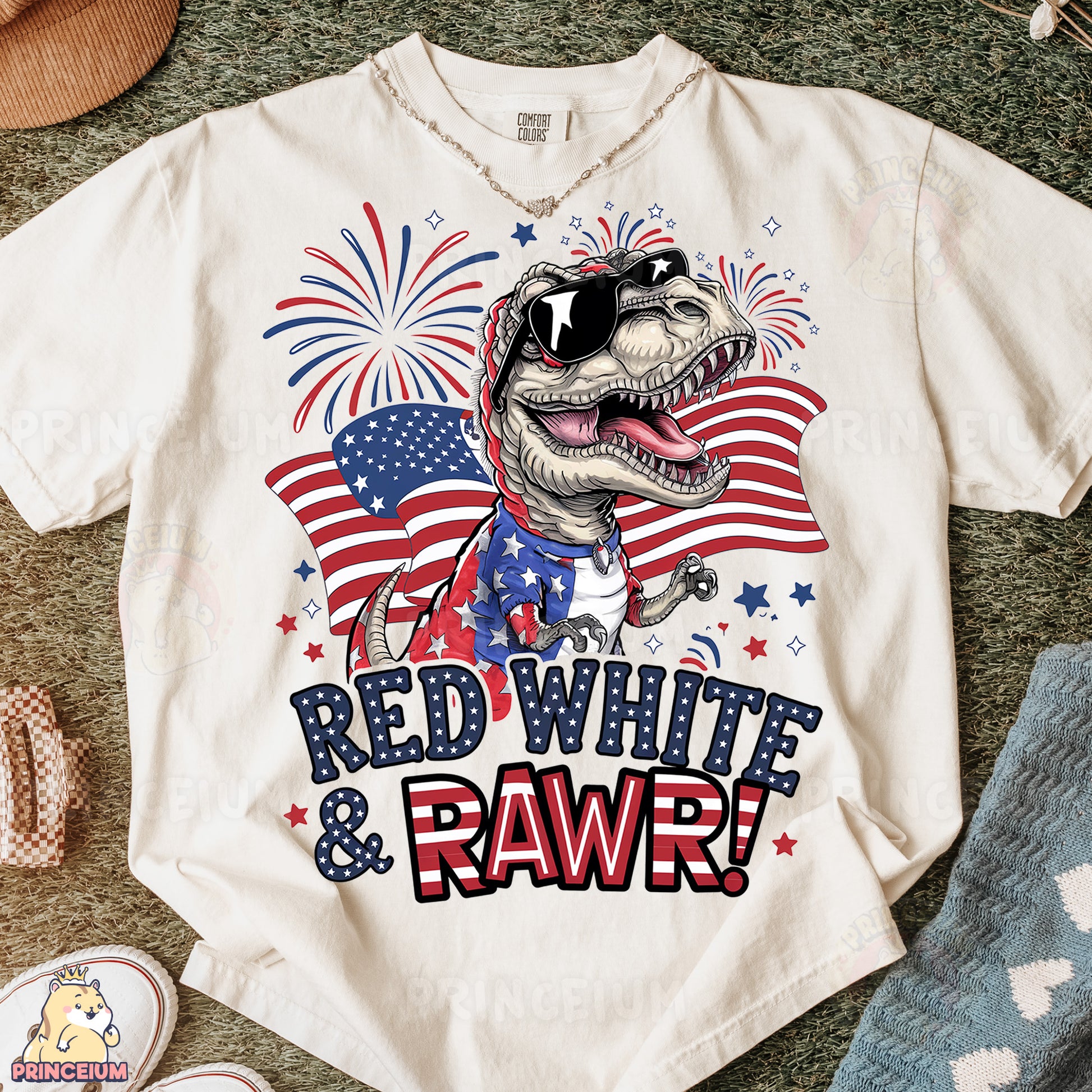 a white t - shirt with a red, white and rawr design on it