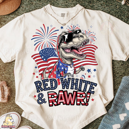 a white t - shirt with a red, white and rawr design on it
