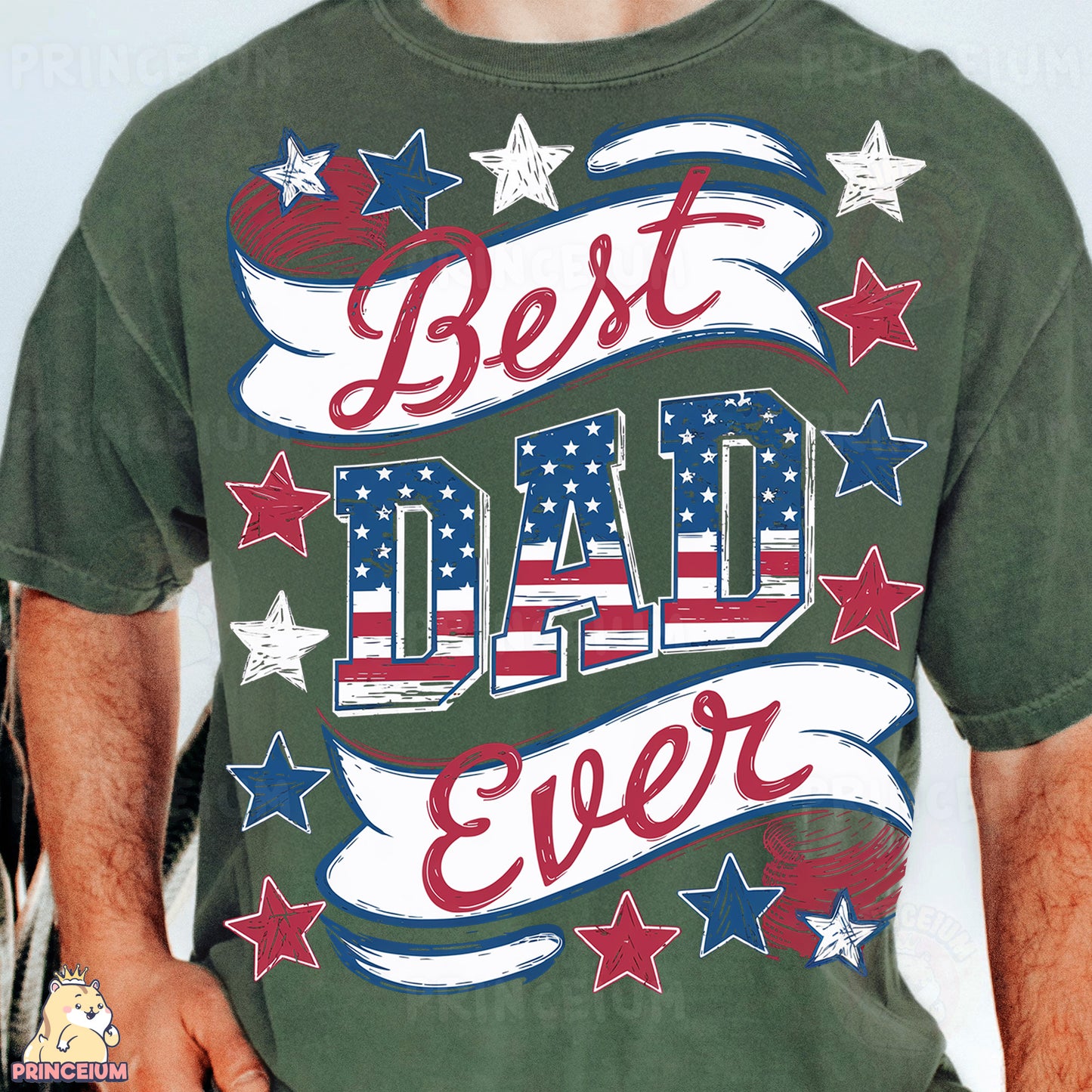 a man wearing a green t - shirt that says best dad ever