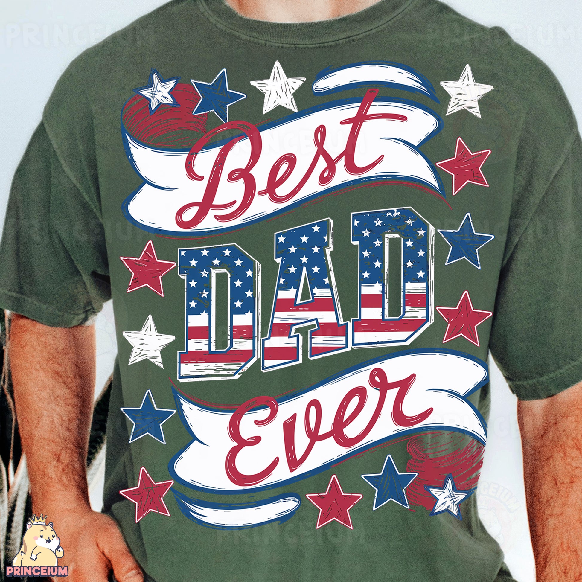 a man wearing a green t - shirt that says best dad ever