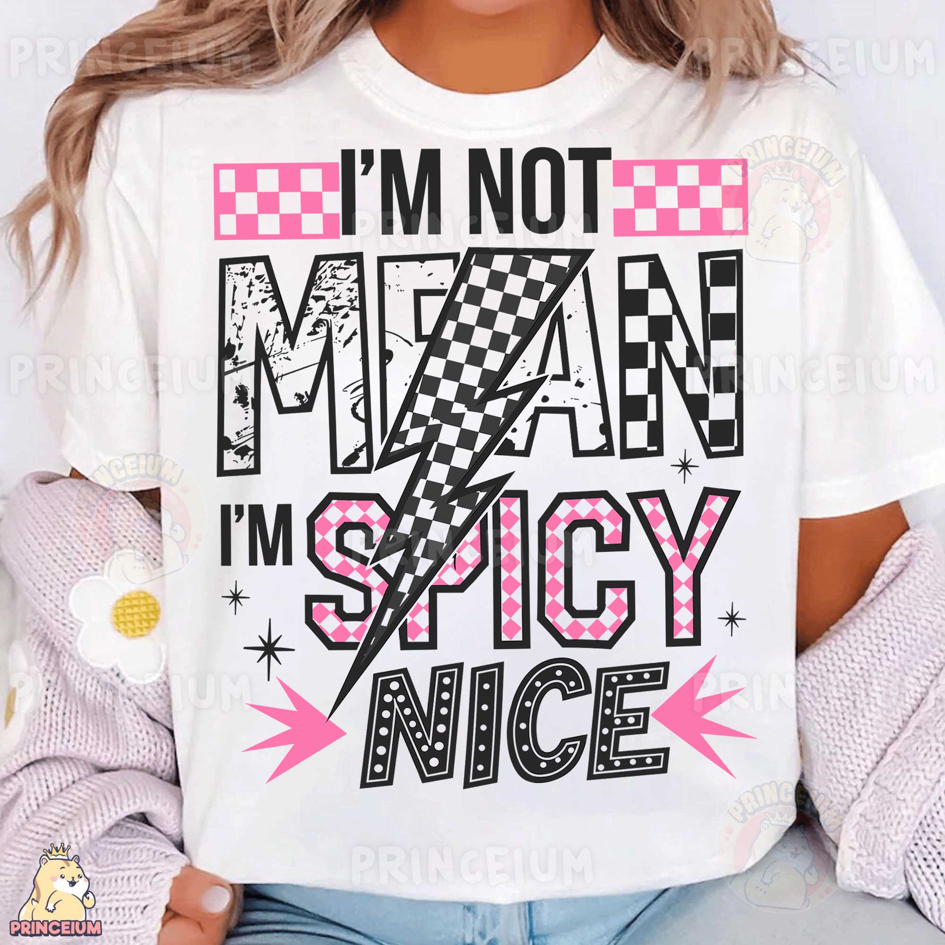 a woman wearing a t - shirt that says i'm not mean i '