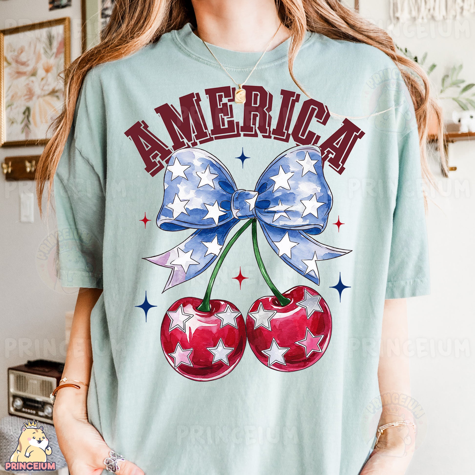 a woman wearing an american cherry t - shirt