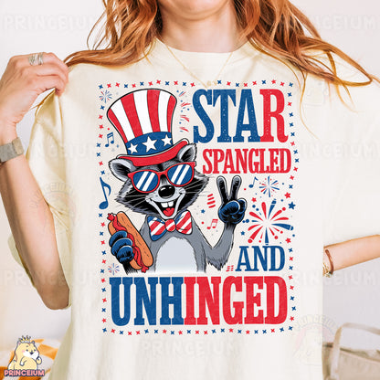 a woman wearing a t - shirt that says star spangled and unhinged