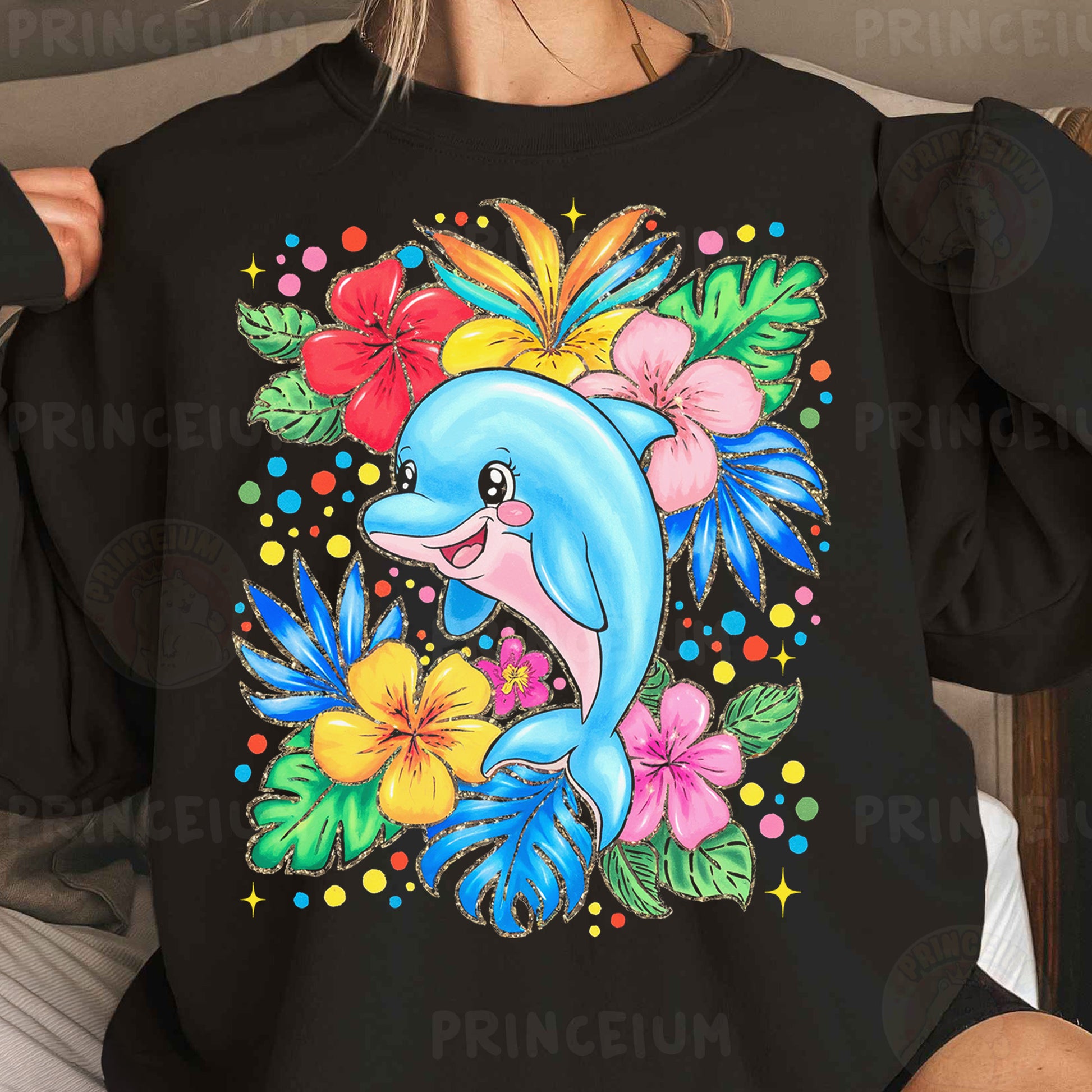 a woman wearing a black shirt with a dolphin on it