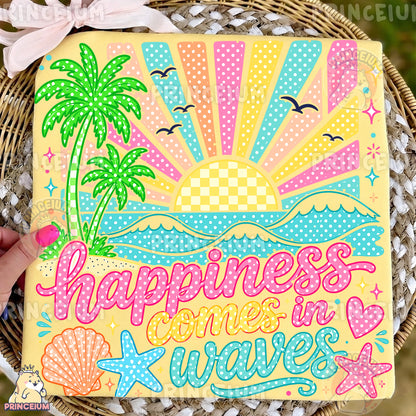 Happiness Comes in Waves PNG, Beach Summer Vacation Design, Cute Coastal Sublimation Graphic