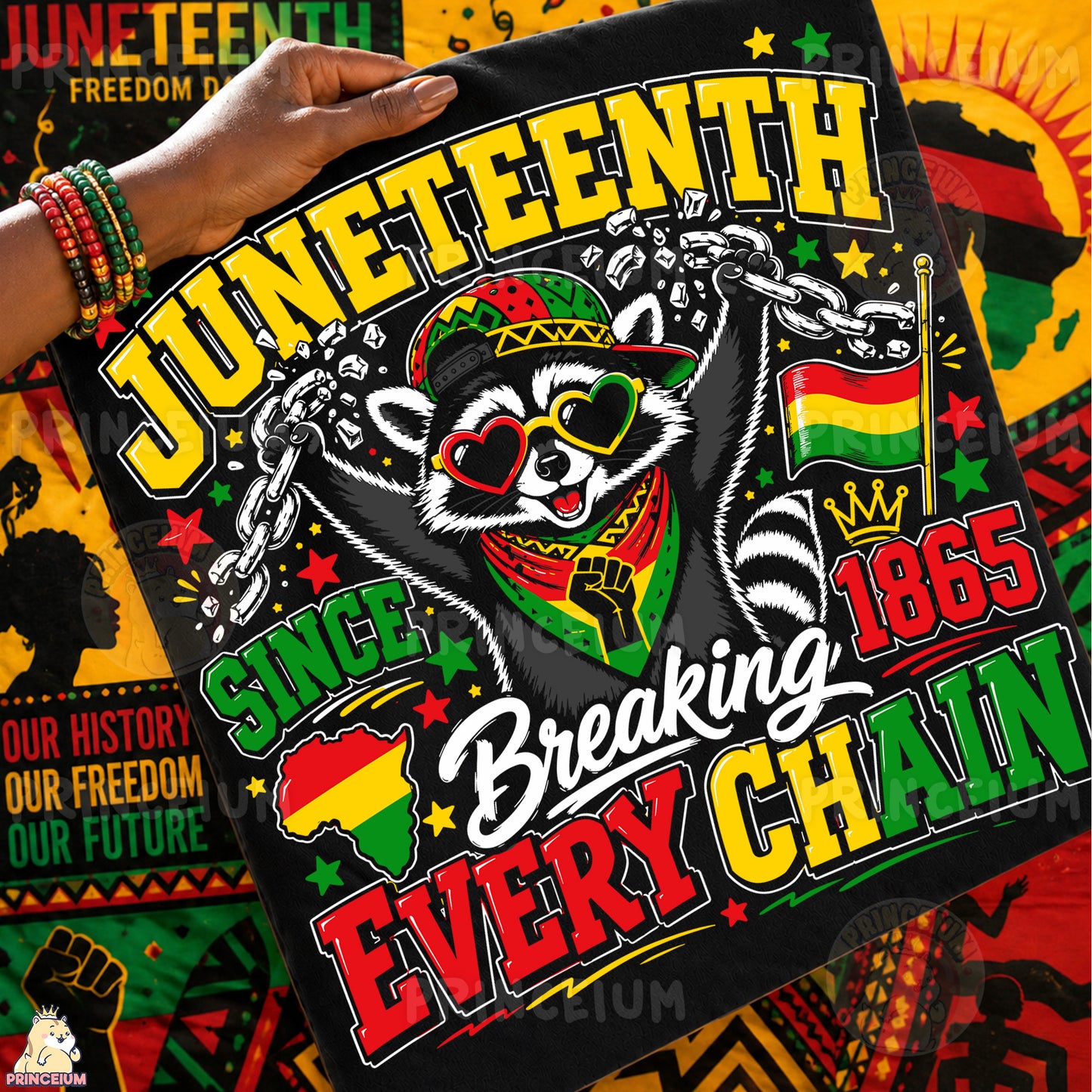 Juneteenth Raccoon Breaking Every Chain Sublimation Design PNG | Freedom Day 1865 Digital Download