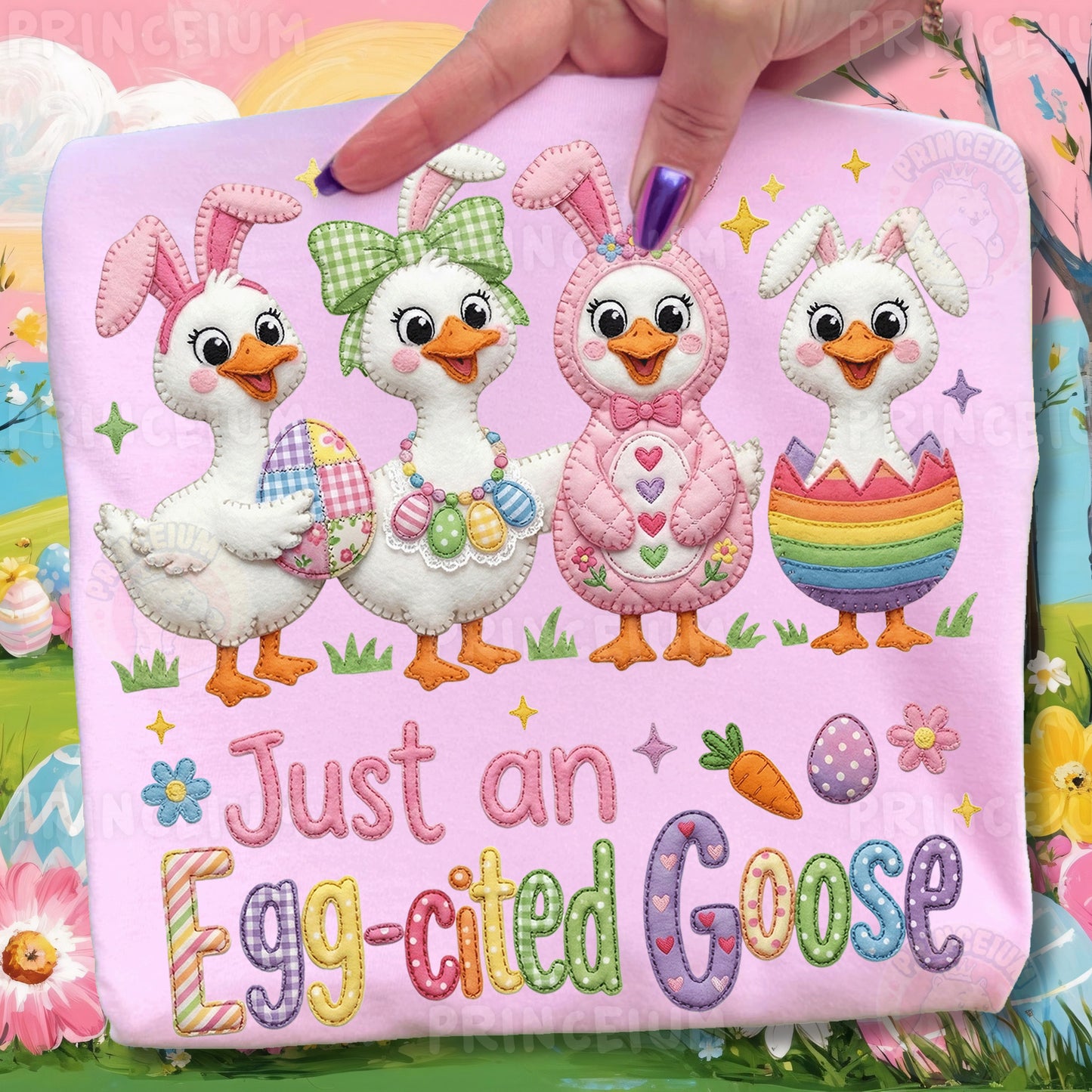 Just an Egg-cited Goose PNG, Cute Easter Ducks in Bunny Costumes, Funny Patchwork Spring Clipart