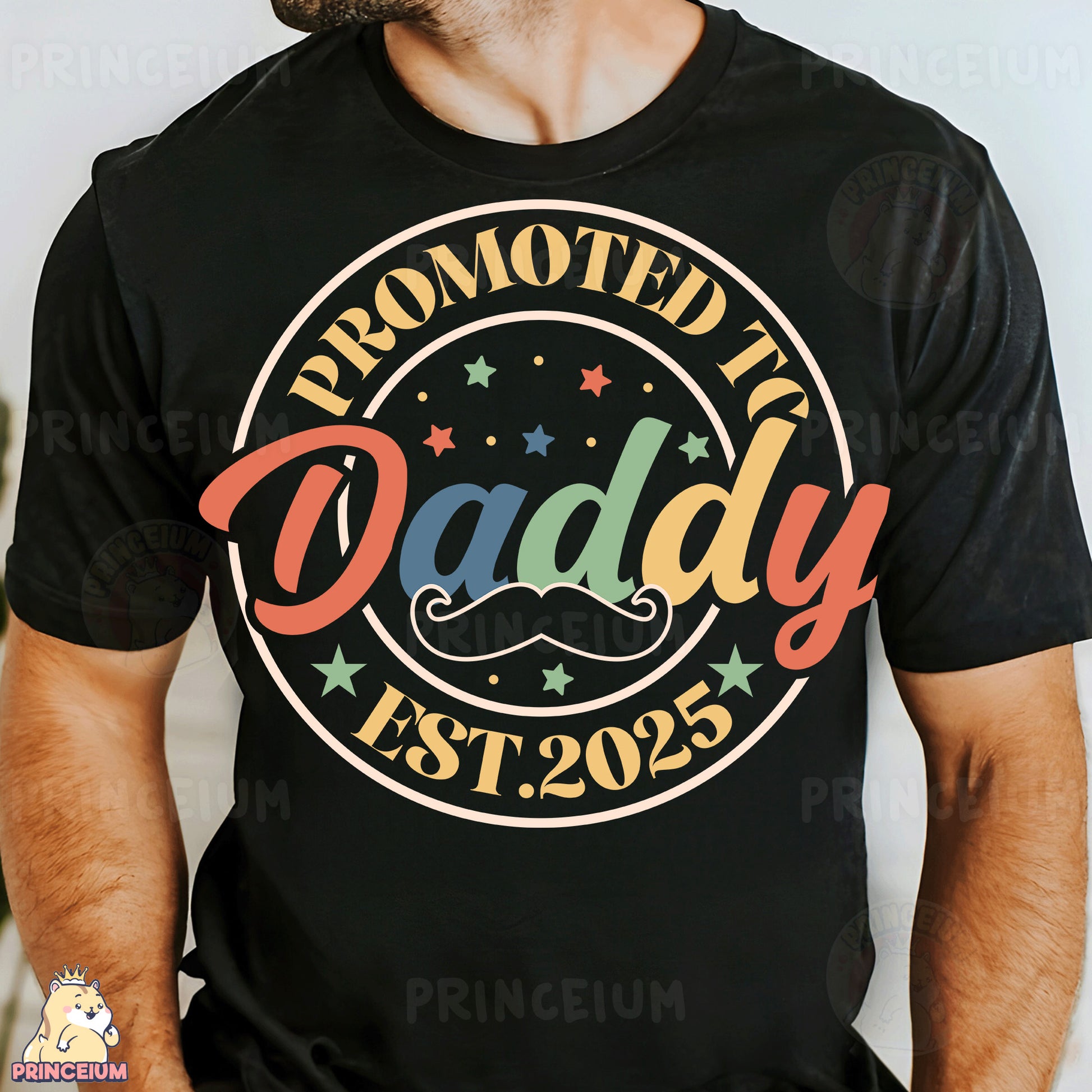 a man wearing a black t - shirt with a mustache and stars on it