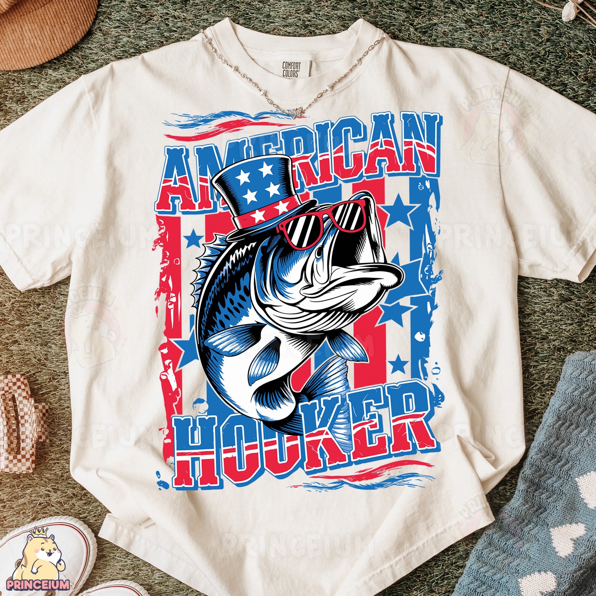 a white t - shirt with a fish on it