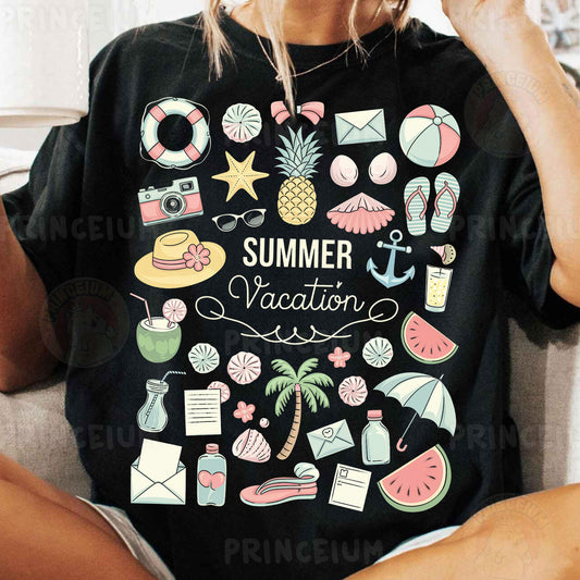 a woman sitting on a couch wearing a t - shirt that says summer vacation