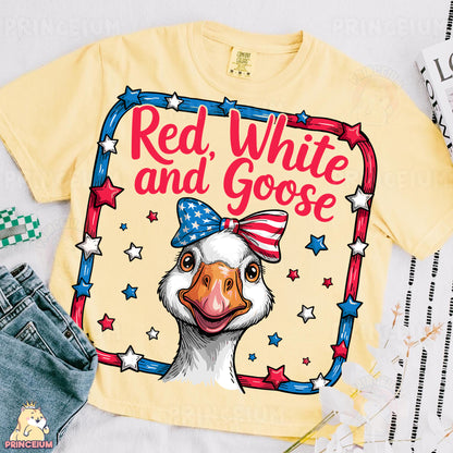 a red, white and goose t - shirt with a picture of a duck wearing