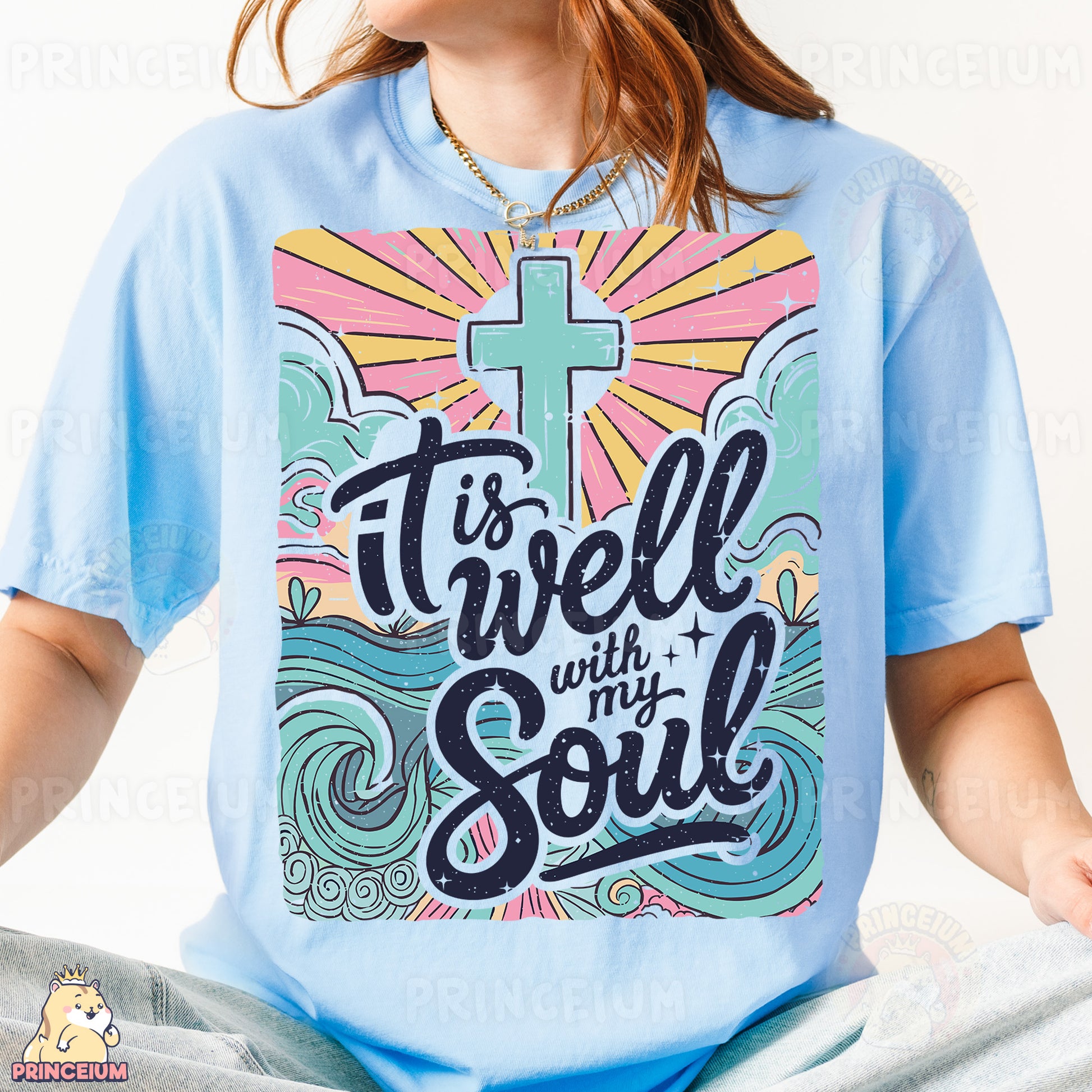 a woman wearing a blue t - shirt with a cross on it