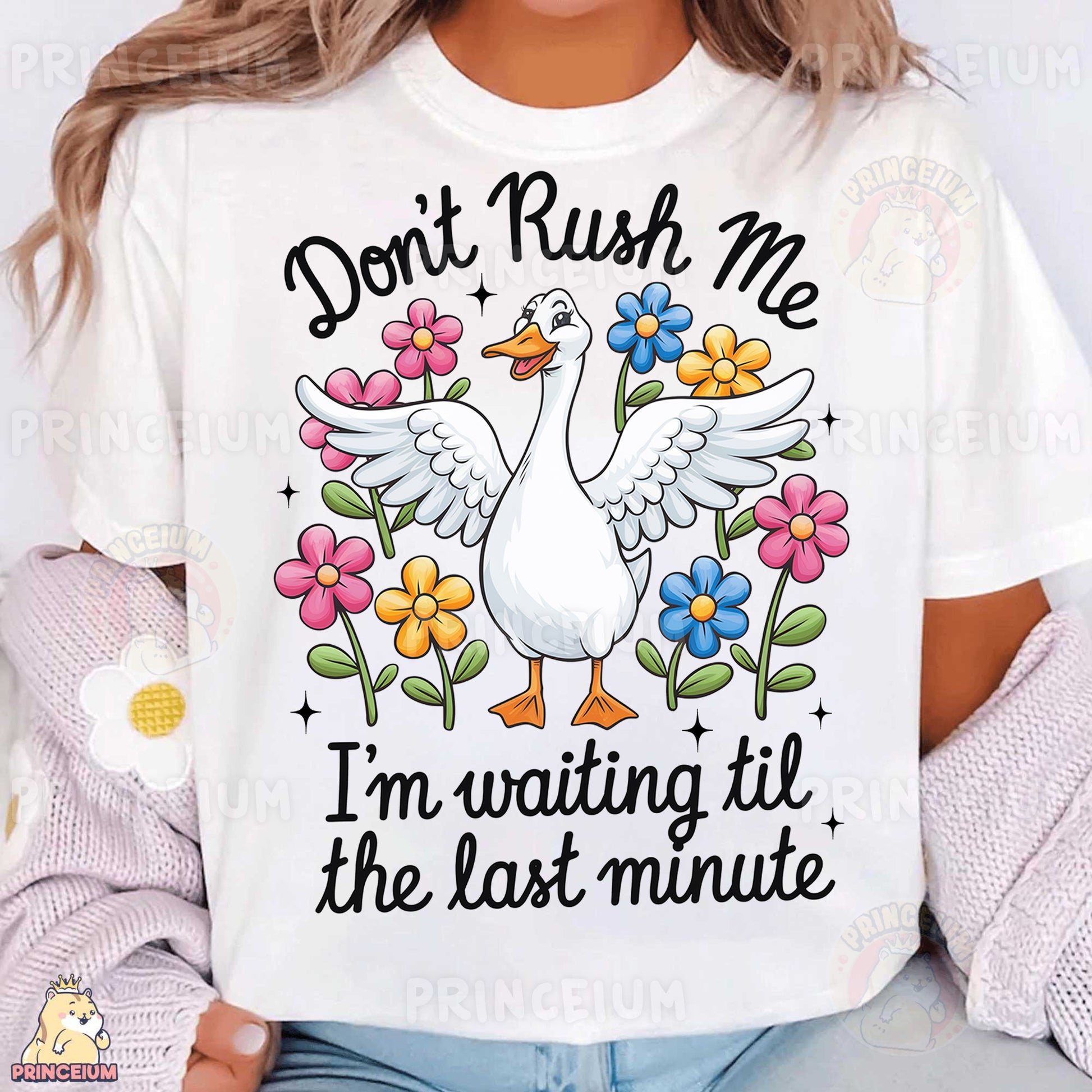 a woman wearing a t - shirt that says don't rush me i '