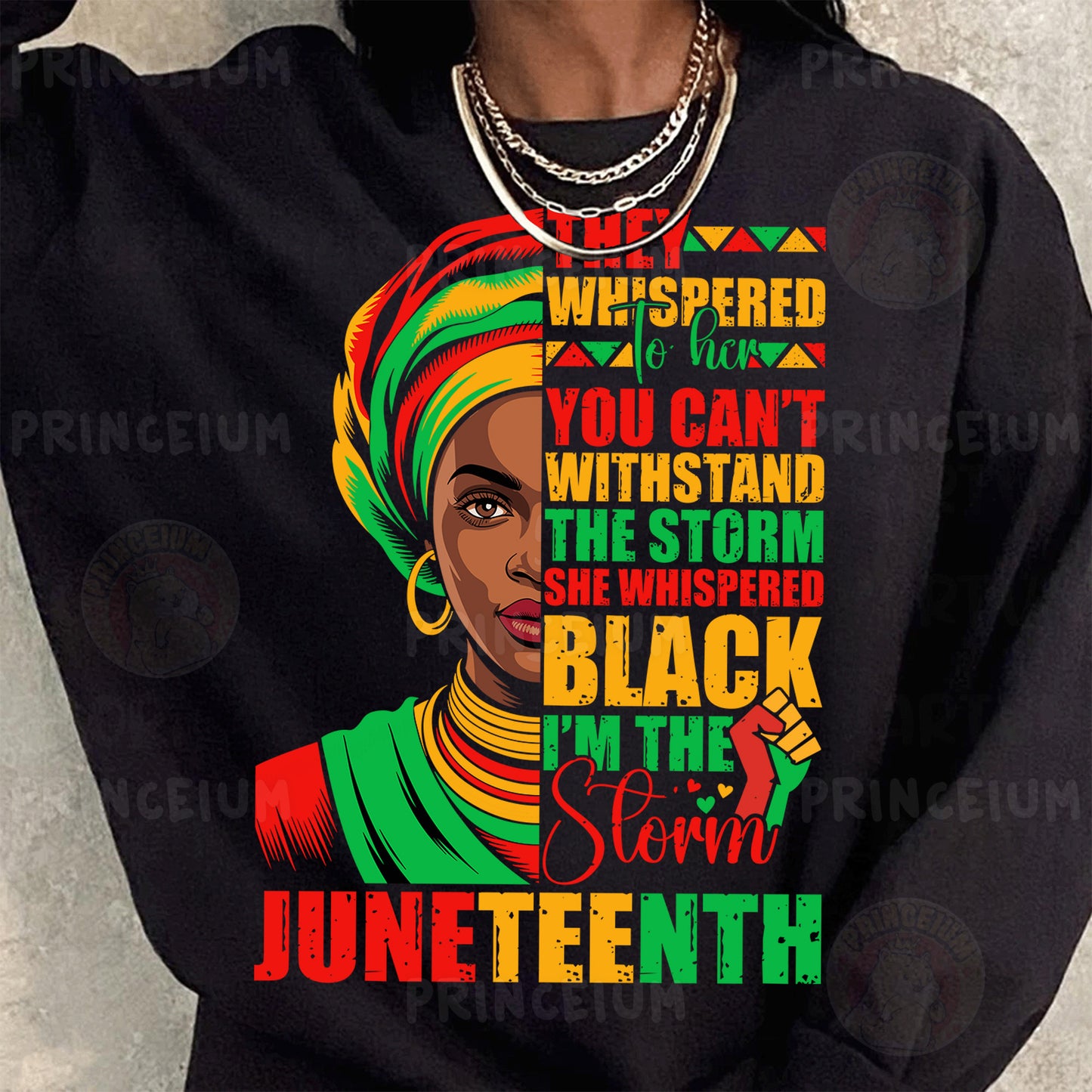a woman wearing a black sweatshirt with a colorful quote on it