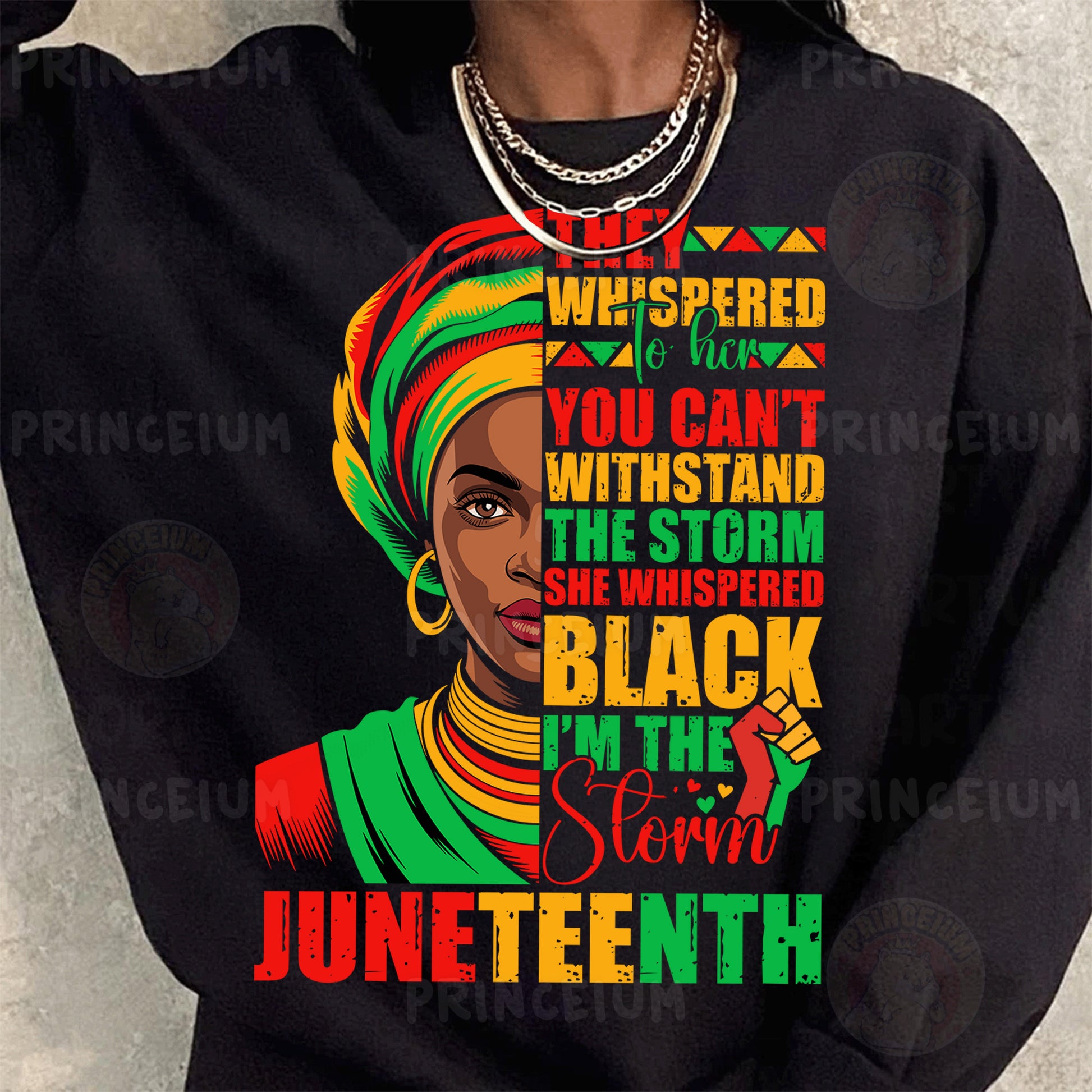 a woman wearing a black sweatshirt with a colorful quote on it