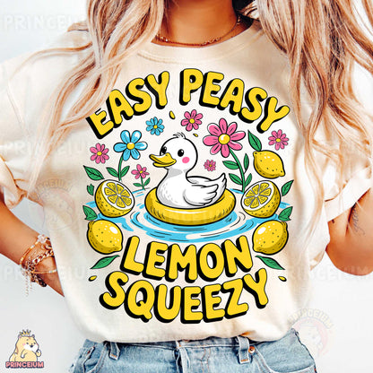 a woman wearing a t - shirt that says easy peasy lemon squeezey