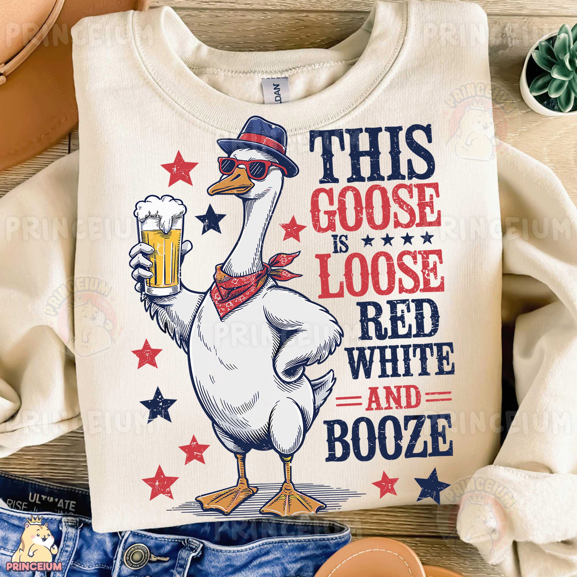 a white shirt with a goose wearing a hat and holding a beer